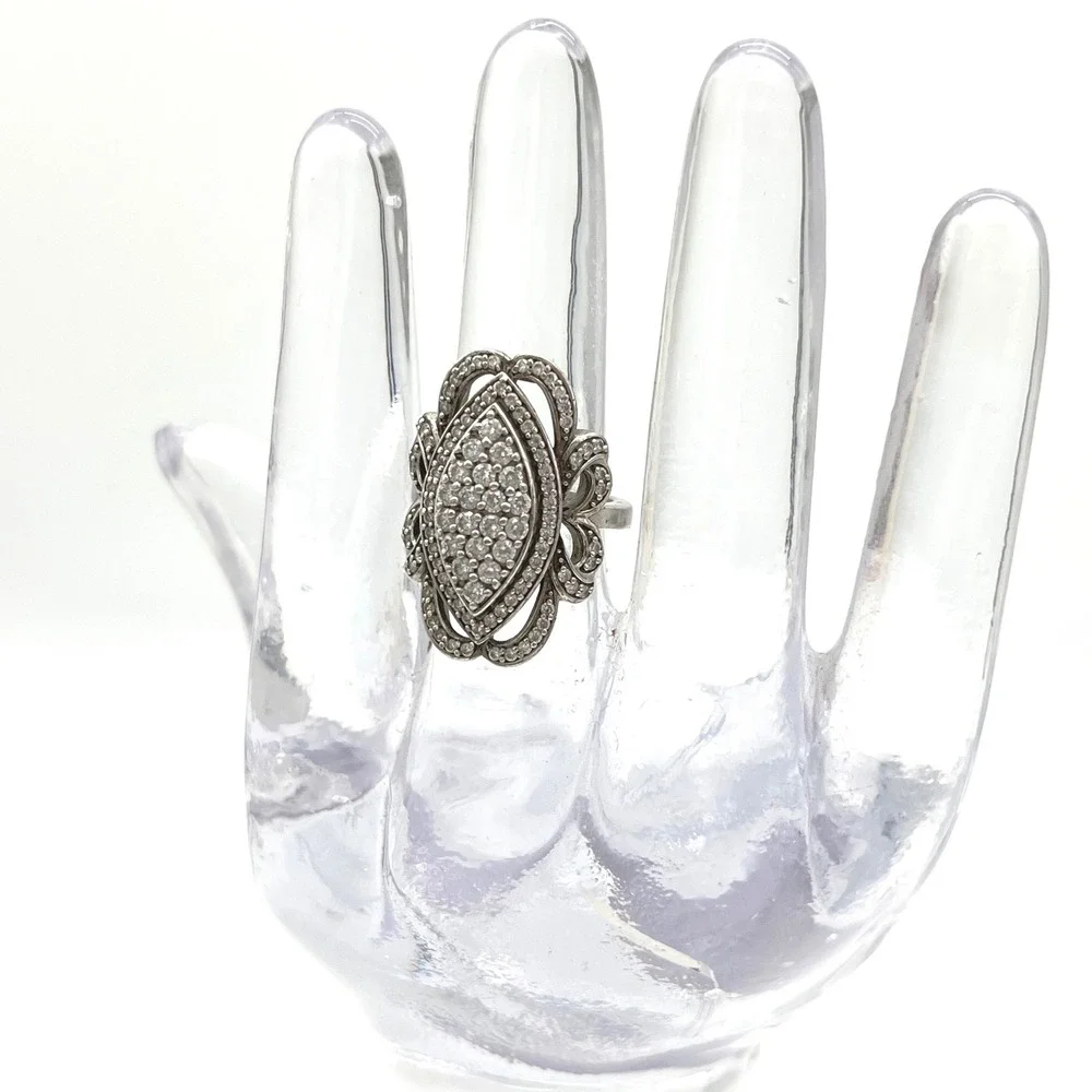 Ornate Marquee Ring Cubic Zirconia Pave Sterling Silver Statement‎ Cocktail Ring
